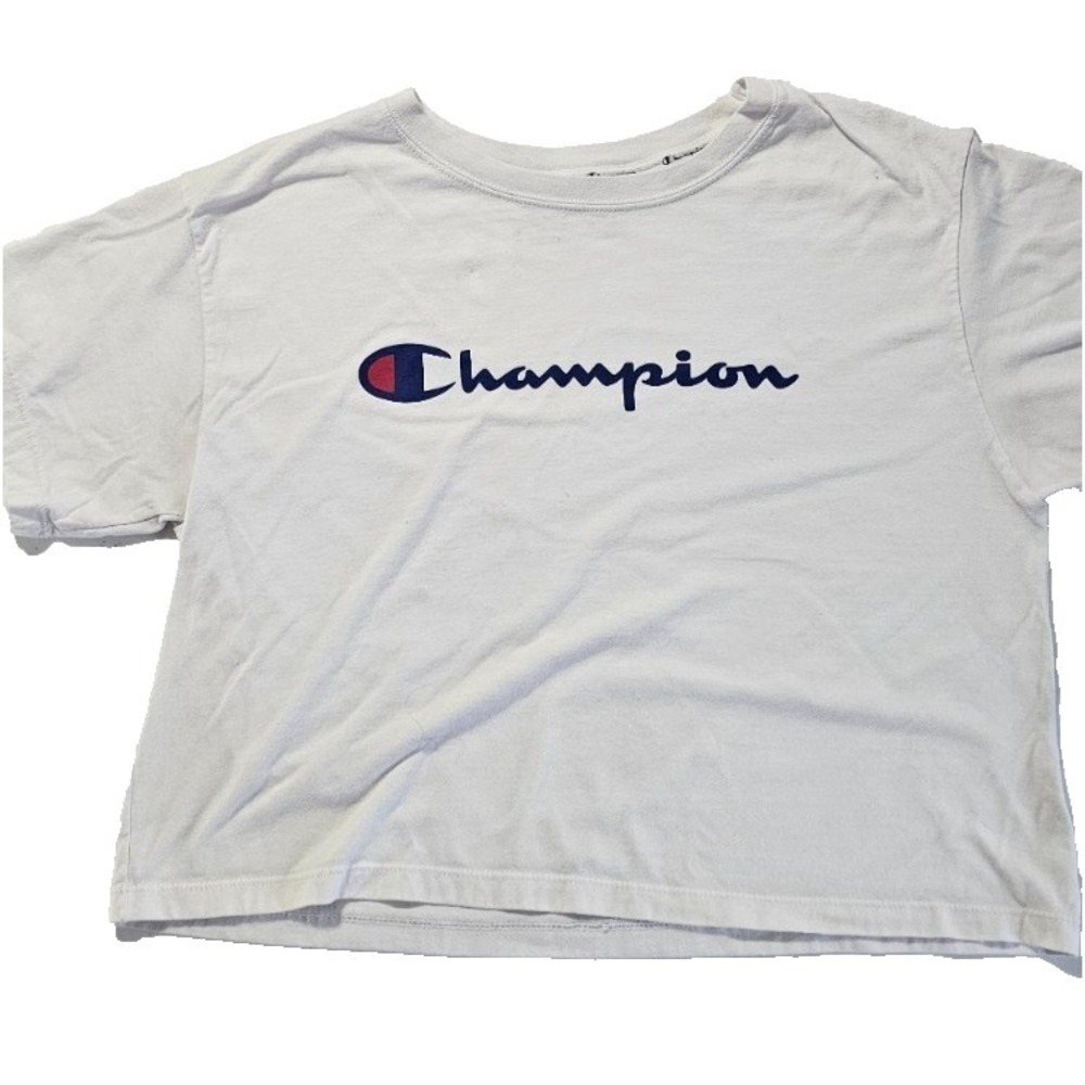Champion Womens S White Crop Top Short Sleeve Script Logo T Shirt